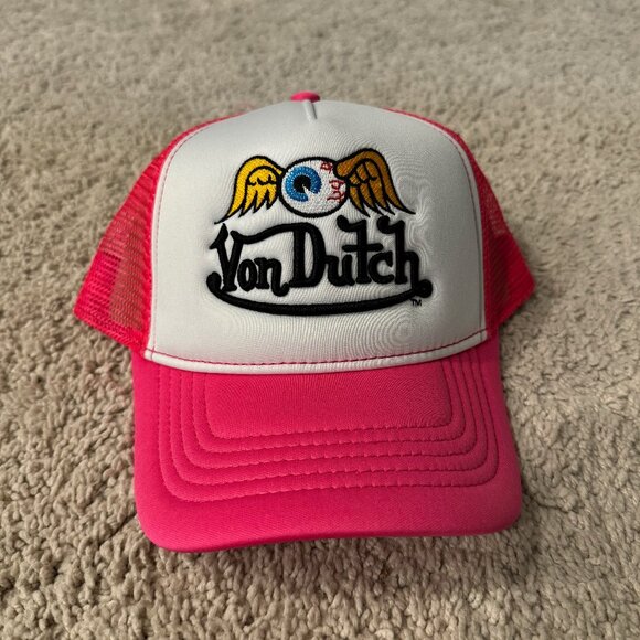 Von Dutch Trucker Hat Hot Pink Flying Eyeball Wordmark Snapback. P0021 - Picture 1 of 9
